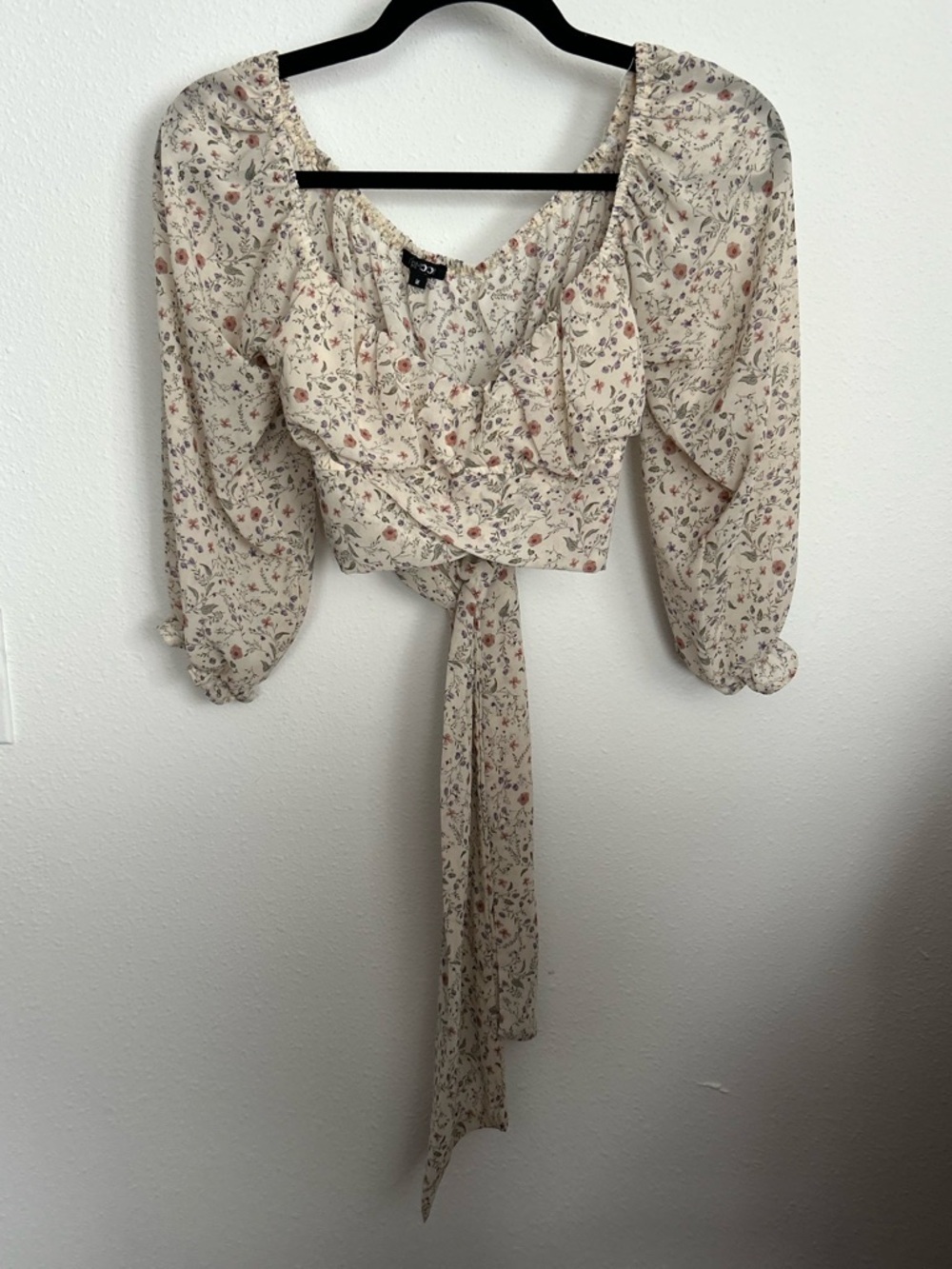 Papermoon Cream Floral Tie-Front Crop Top with Puff Sleeves
